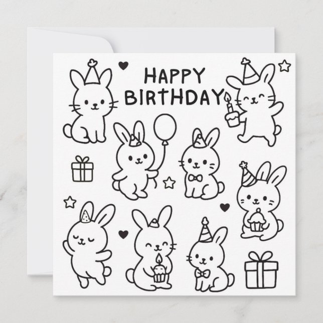 Tarjeta de cumpleaños con doodle de conejo minimal (Anverso)