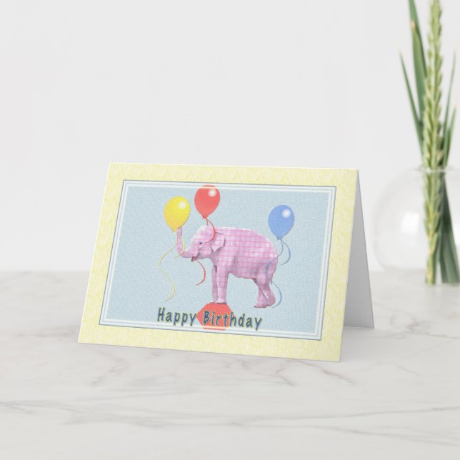 Tarjeta de cumpleaños con el elefante rosado y los (Anverso)