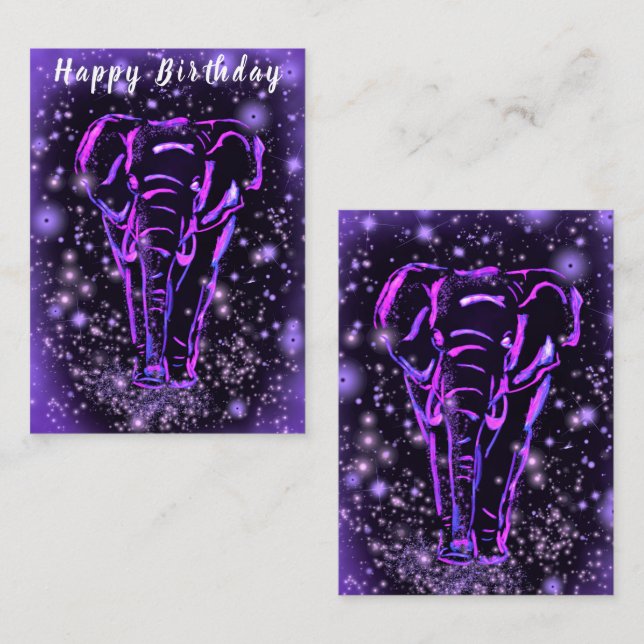Tarjeta de cumpleaños con elefante en noche estrel (Anverso / Reverso)