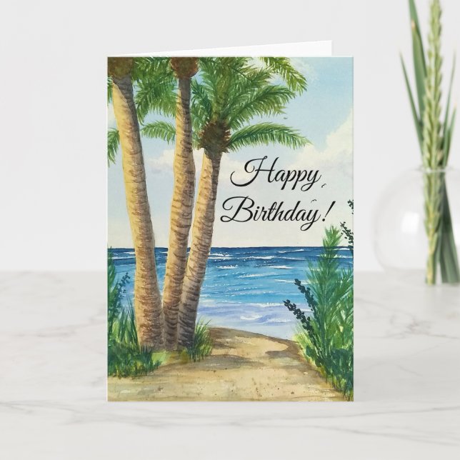 Tarjeta de cumpleaños con escena de playa acuarela (Anverso)