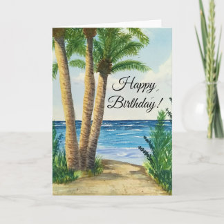 Tarjeta de cumpleaños con escena de playa acuarela
