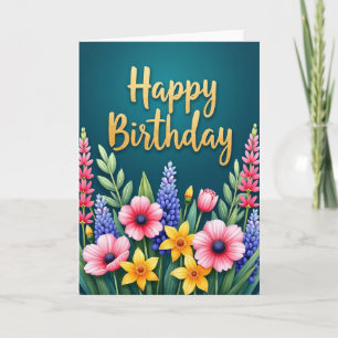 Tarjeta de cumpleaños con escritura dorada alegre