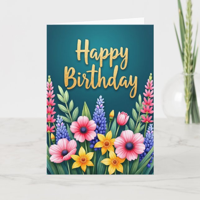 Tarjeta de cumpleaños con escritura dorada alegre (Anverso)
