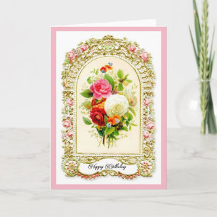 Tarjeta de cumpleaños con estilo de cosecha rosa r