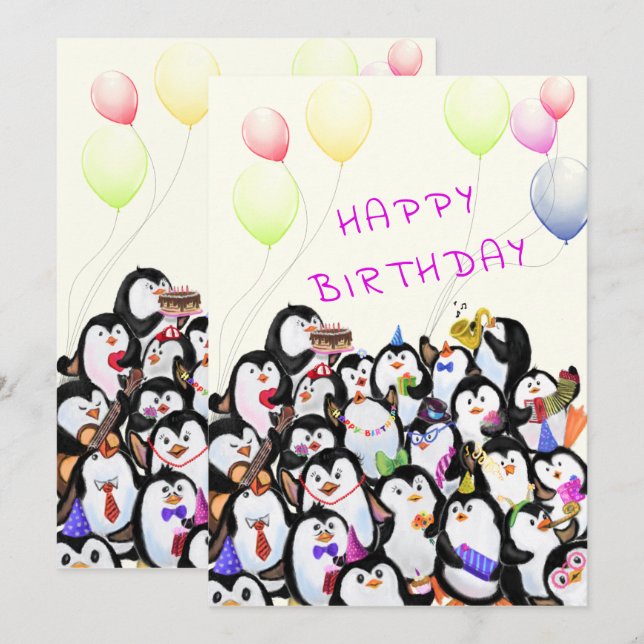 Tarjeta de cumpleaños con Fiesta de pingüinos feli (Anverso / Reverso)
