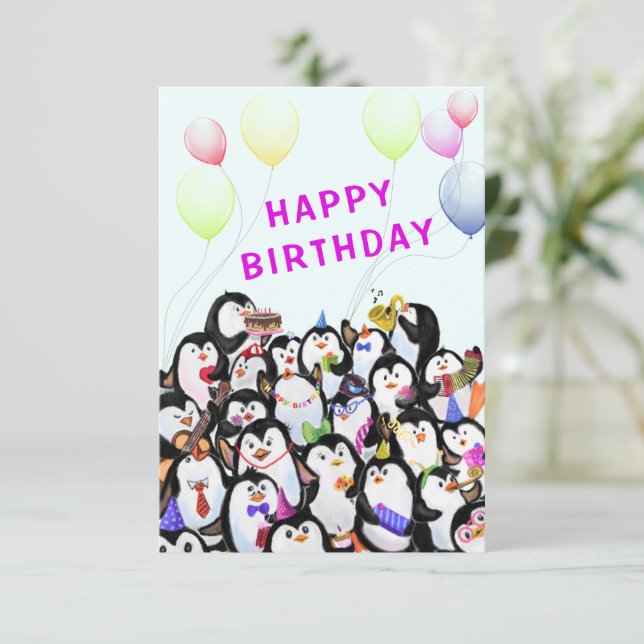 Tarjeta de cumpleaños con Fiesta de pingüinos feli (Anverso de pie)