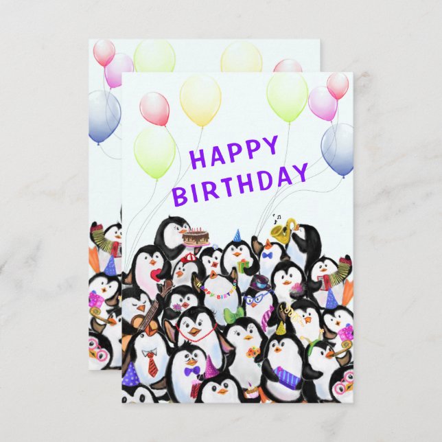 Tarjeta de cumpleaños con Fiesta pingüino feliz (Anverso / Reverso)