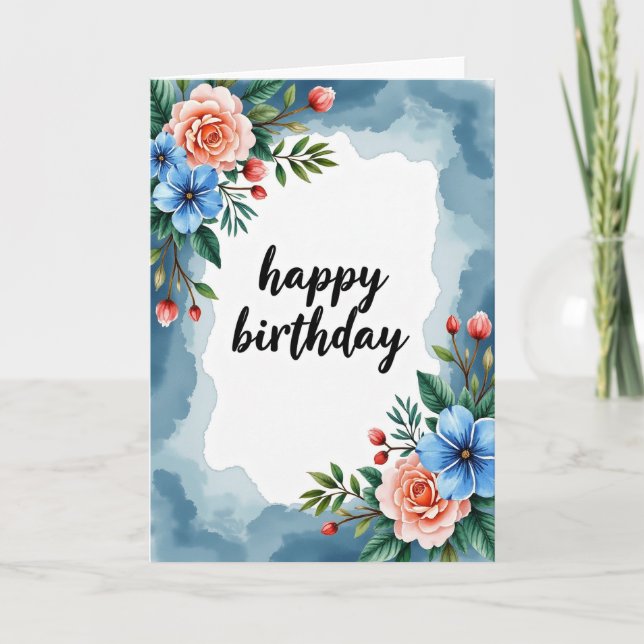 Tarjeta de cumpleaños con flor azul alegre (Anverso)
