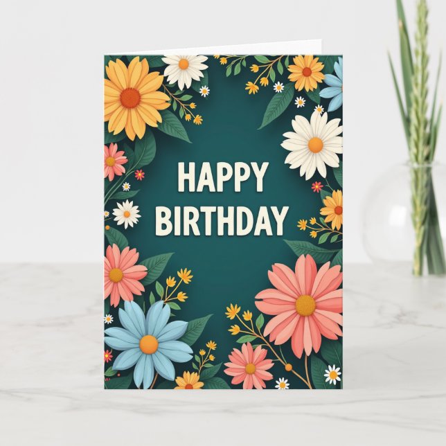 Tarjeta de cumpleaños con flores de teal (Anverso)