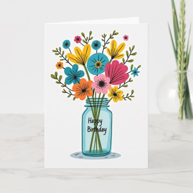 Tarjeta de cumpleaños con flores estilizadas (Anverso)