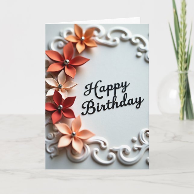 Tarjeta de cumpleaños con flores y volutas (Anverso)