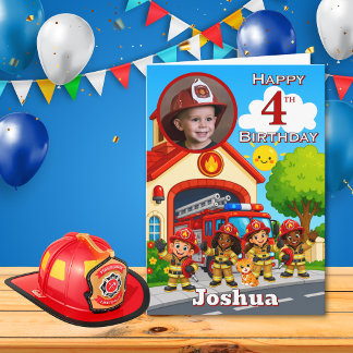 Tarjeta de cumpleaños con foto del bombero para 4 