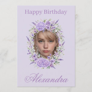 Tarjeta de cumpleaños con foto floral lavanda púrp