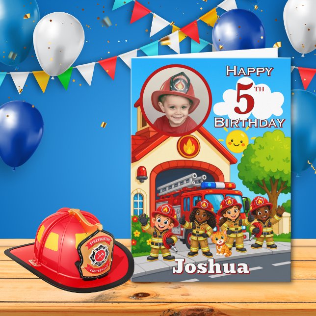 Tarjeta de cumpleaños con foto para bombero 5 años (Subido por el creador)