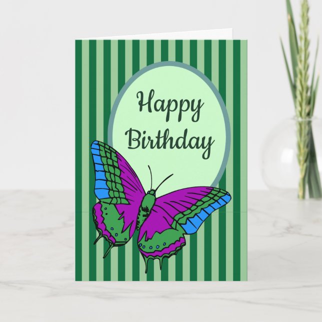 Tarjeta de cumpleaños con franja verde y mariposa (Anverso)