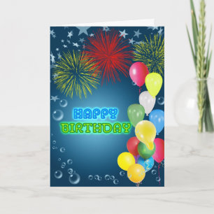 Tarjeta de cumpleaños con fuegos artificiales y gl