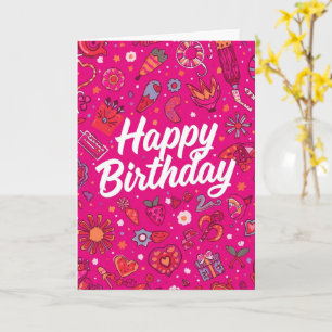 Tarjeta de cumpleaños con garabatos de fiesta rosa