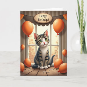 Tarjeta de cumpleaños con gatito junto a la ventan