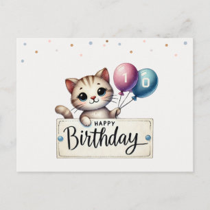Tarjeta de cumpleaños con gato feliz y globos