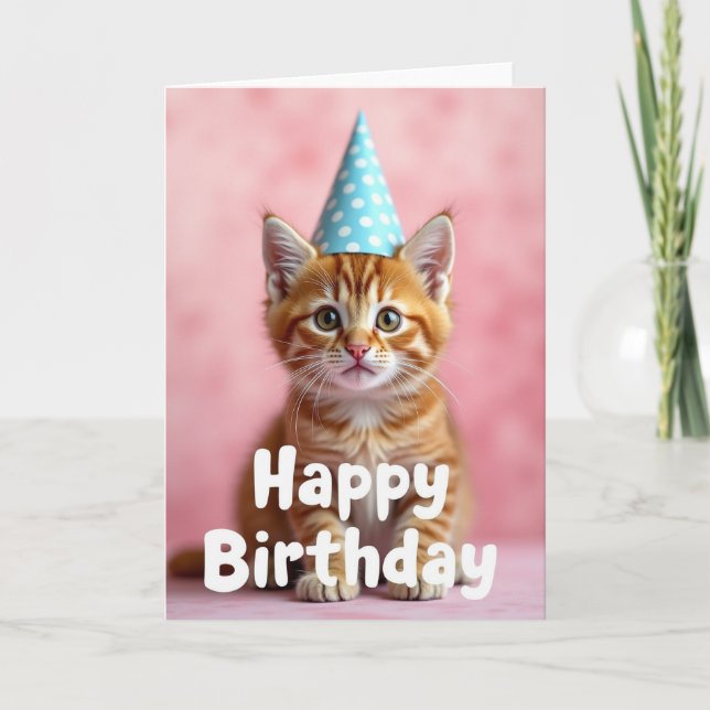 Tarjeta de cumpleaños con gato ginger y sombrero d (Anverso)