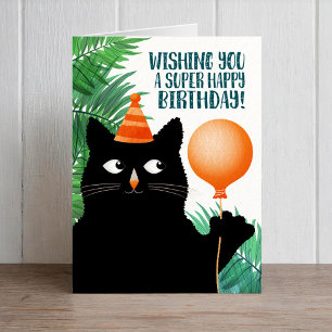 Tarjeta de cumpleaños con gato negro y globo