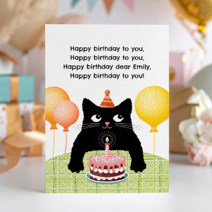 Tarjeta de cumpleaños con gato, pastel y vela