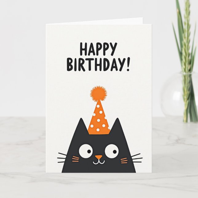 Tarjeta de Cumpleaños con Gato y Sombrero de Fiest (Anverso)