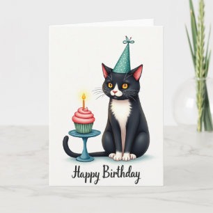 Tarjeta de Cumpleaños con Gato y Sombrero de Fiest