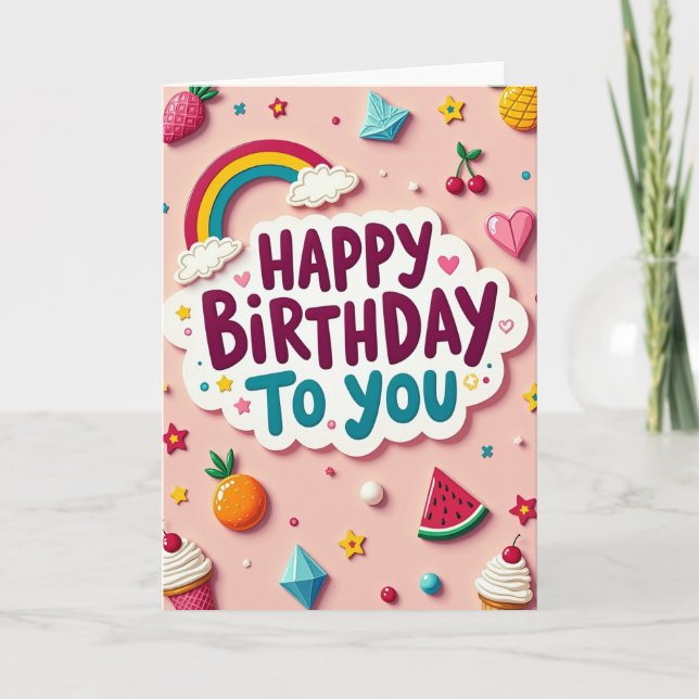 Tarjeta de cumpleaños con gemas y estrellas (Anverso)