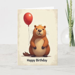 Tarjeta de cumpleaños con globo de criatura linda