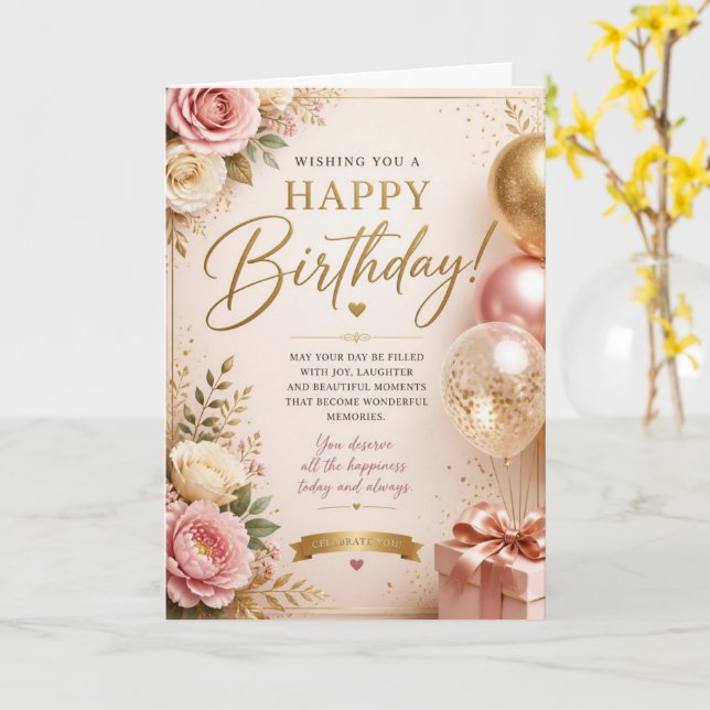 Tarjeta de cumpleaños con globo de rosa rosa (flor amarilla)