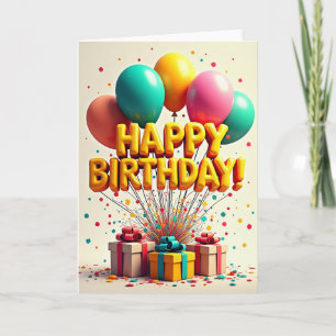 Tarjeta de cumpleaños con globo dorado alegre