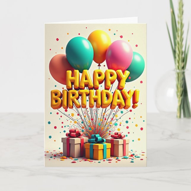 Tarjeta de cumpleaños con globo dorado alegre (Anverso)