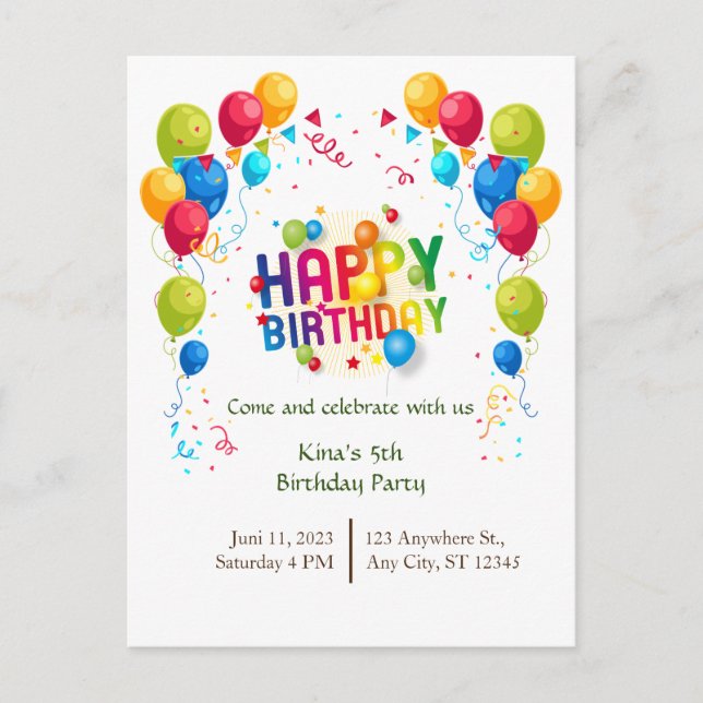 Tarjeta de cumpleaños con globos (Anverso)