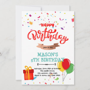 Tarjeta de cumpleaños con globos, confeti y bander
