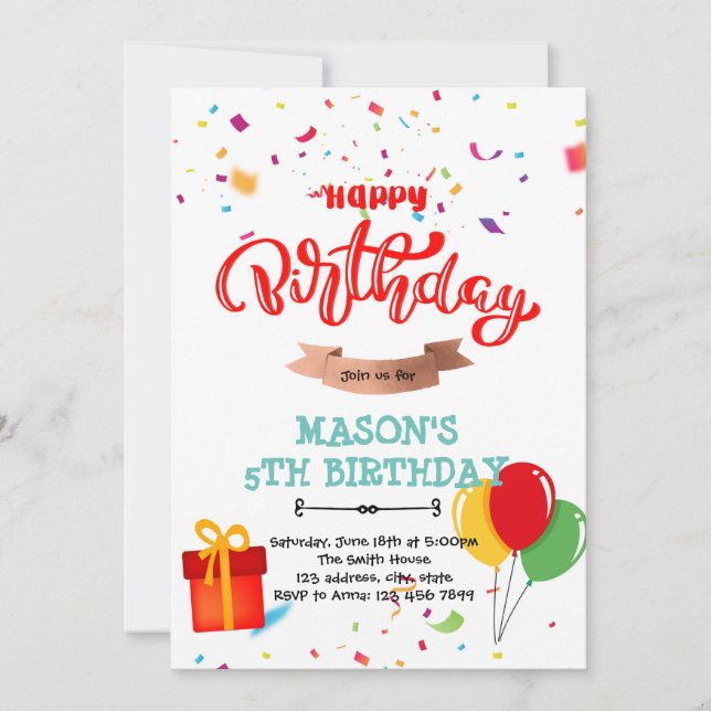 Tarjeta de cumpleaños con globos, confeti y bander (Anverso)