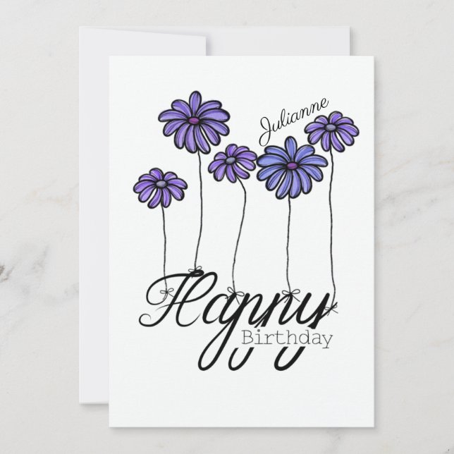 Tarjeta de cumpleaños con globos de flores moradas (Anverso)