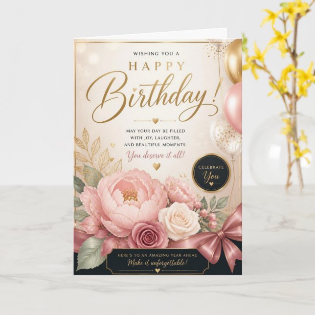 Tarjeta de cumpleaños con globos de peonía rosa (flor amarilla)