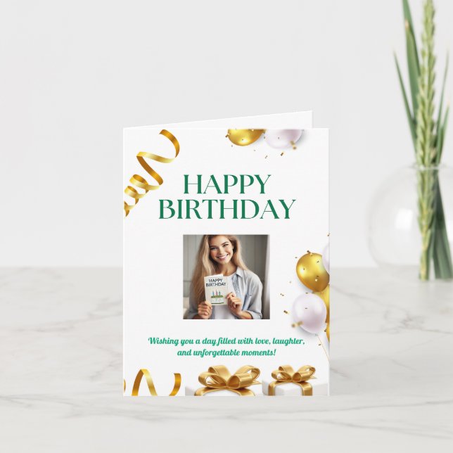 Tarjeta de cumpleaños con globos dorados, regalos  (Anverso)