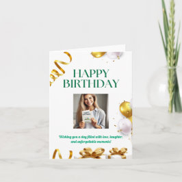 Tarjeta de cumpleaños con globos dorados, regalos 