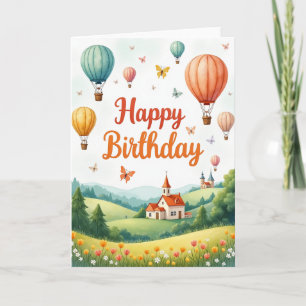 Tarjeta de cumpleaños con globos en el cielo
