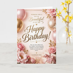 Tarjeta de cumpleaños con globos florales rosados