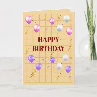 Tarjeta de cumpleaños con globos rosados y morados