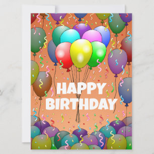 Tarjeta de cumpleaños con globos y confeti