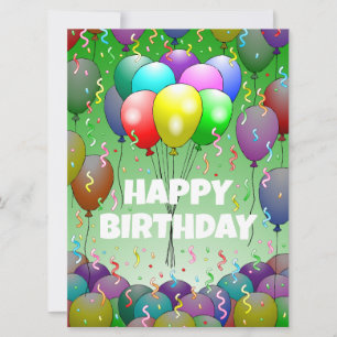 Tarjeta de cumpleaños con globos y confeti