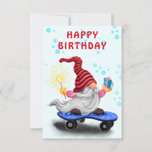Tarjeta de cumpleaños con gnomo patinador feliz co