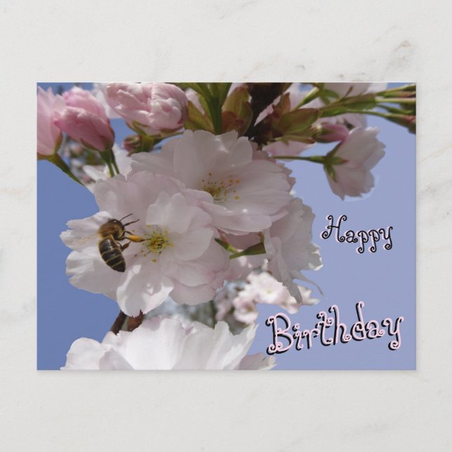 Tarjeta de cumpleaños con hermosas flores y abeja  (Anverso)