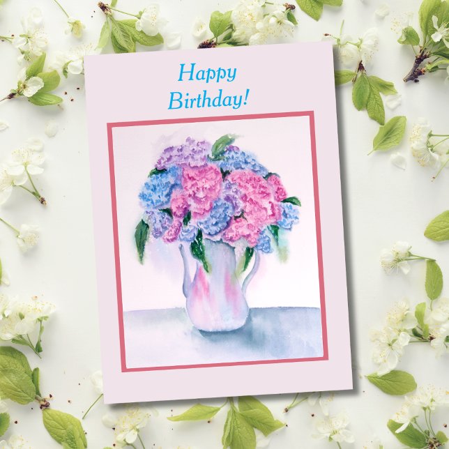 Tarjeta de cumpleaños con hortensias en acuarela (A fan of watercolor and hydrangeas this card will be the perfect way to say, Happy birthday!)
