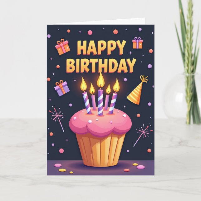 Tarjeta de cumpleaños con ilustración de Cupcake (Anverso)