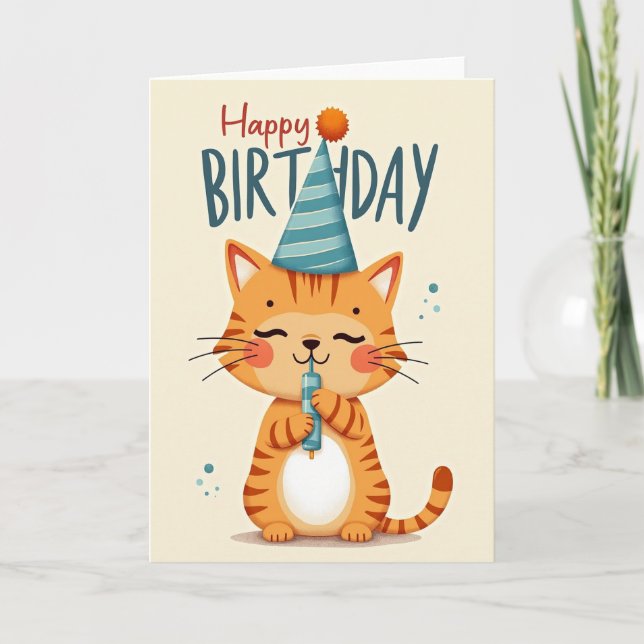 Tarjeta de cumpleaños con ilustración de gatito du (Anverso)